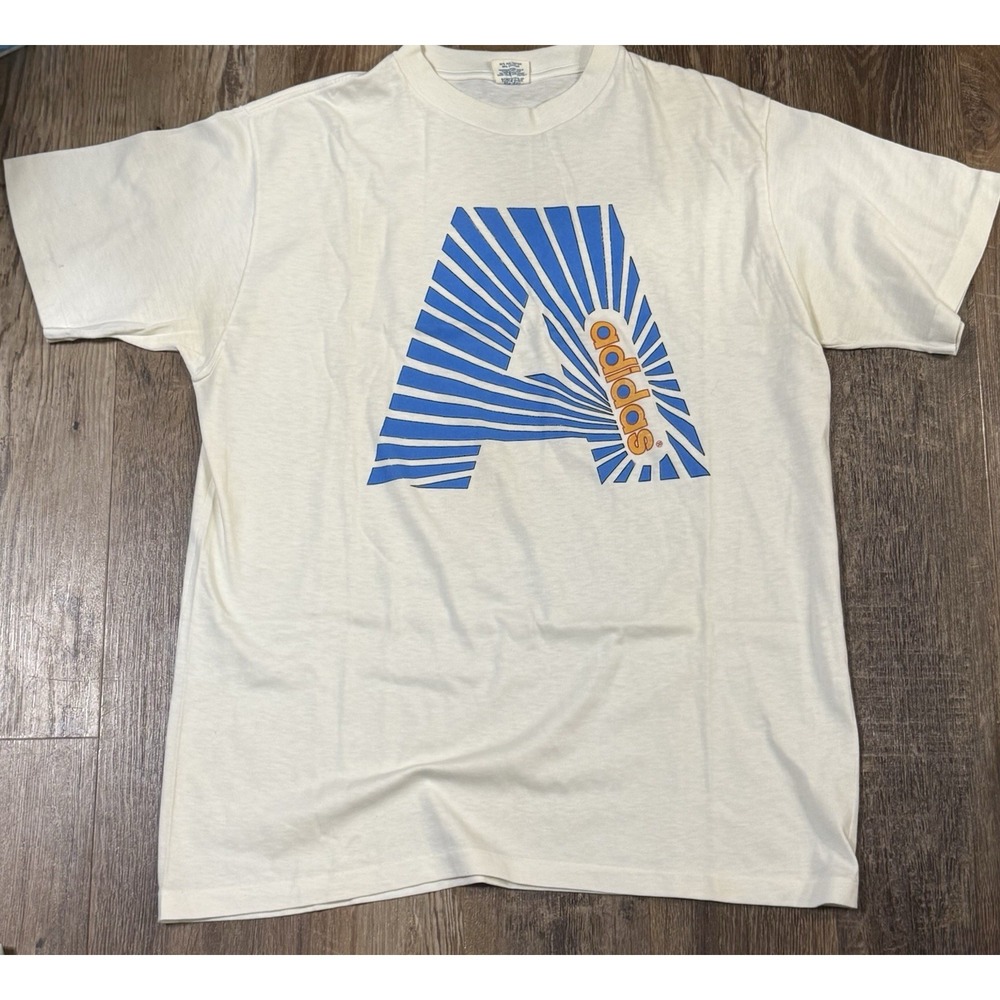 XL Vtg 80s Adidas Mens Medium Striped Spell Out 1988 Olympics T-Shirt White USA